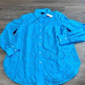 Talbots Blue Eyelet Embroidered Cotton Blouse | Medium |Long Sleeve Button Front